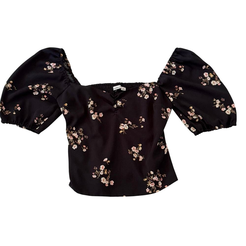 Abercrombie & Fitch Black Floral Smocked Puff Sleeve Crop Top Size S Cottagecore